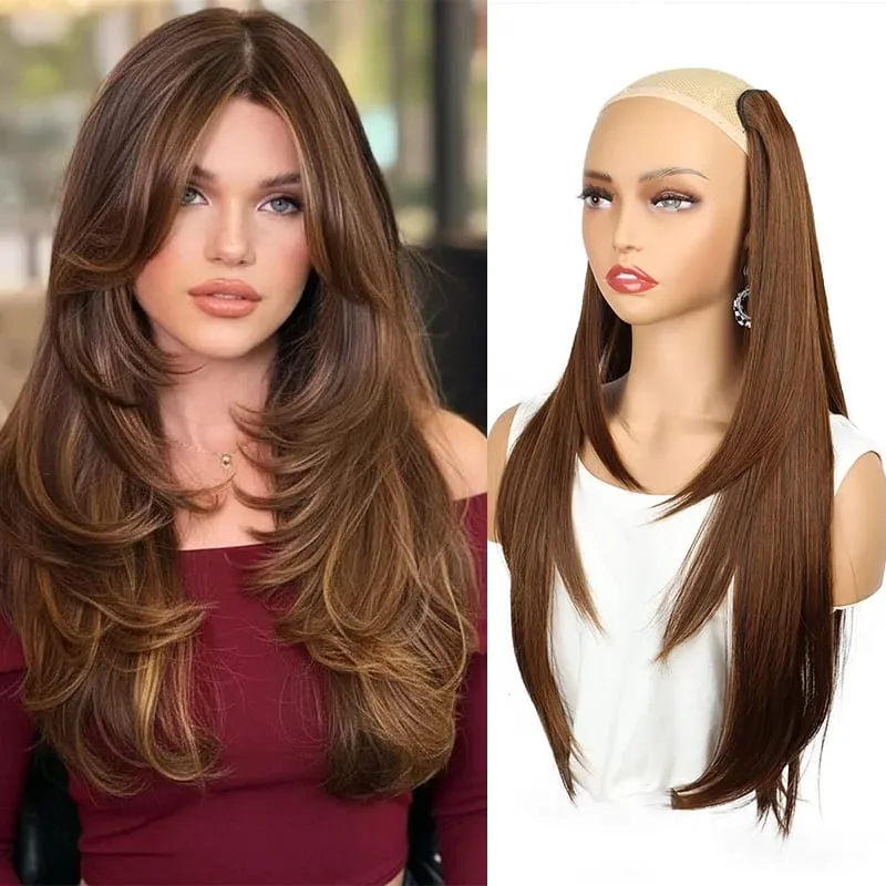 Synthetic Long Straight 22Inch Layered Clip-in Hair Extension V-shaped Black Blonde Invisible Hairpiece for Women Party Girl — image 7