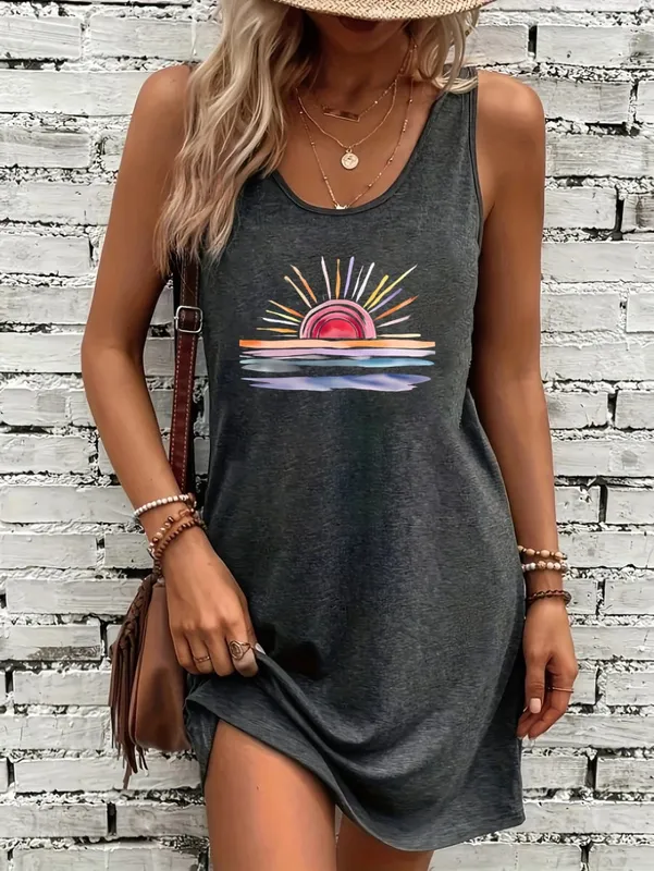 Women Summer Sleeveless Dress Retro Watercolor Sunset Ocean Landscape Print Casual Daily Dress For Women Beach Vacation Outfit