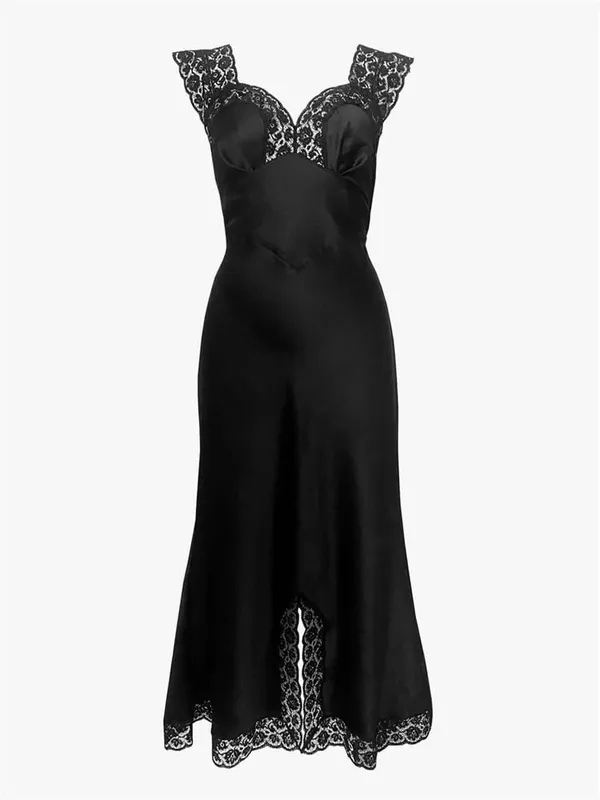 Tossy Fashion Satin Lace Long Dress Women V-Neck Patchwork Hollow Out Walang manggas na Lace-Up Dress Panggabing Pambabae Autumn Maxi Dress — image 11
