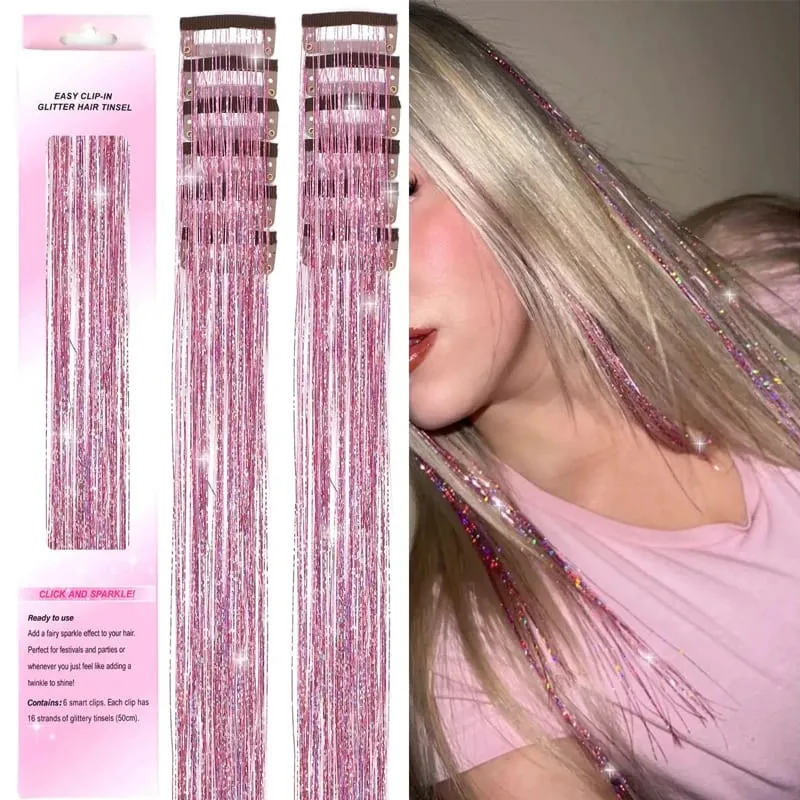 12pcs 20inch Tinsel Hair Extensions Wigs Colorful Shiny Artificial hair extensions Clip in Women Hairpieces for Daily Party Wear — image 11
