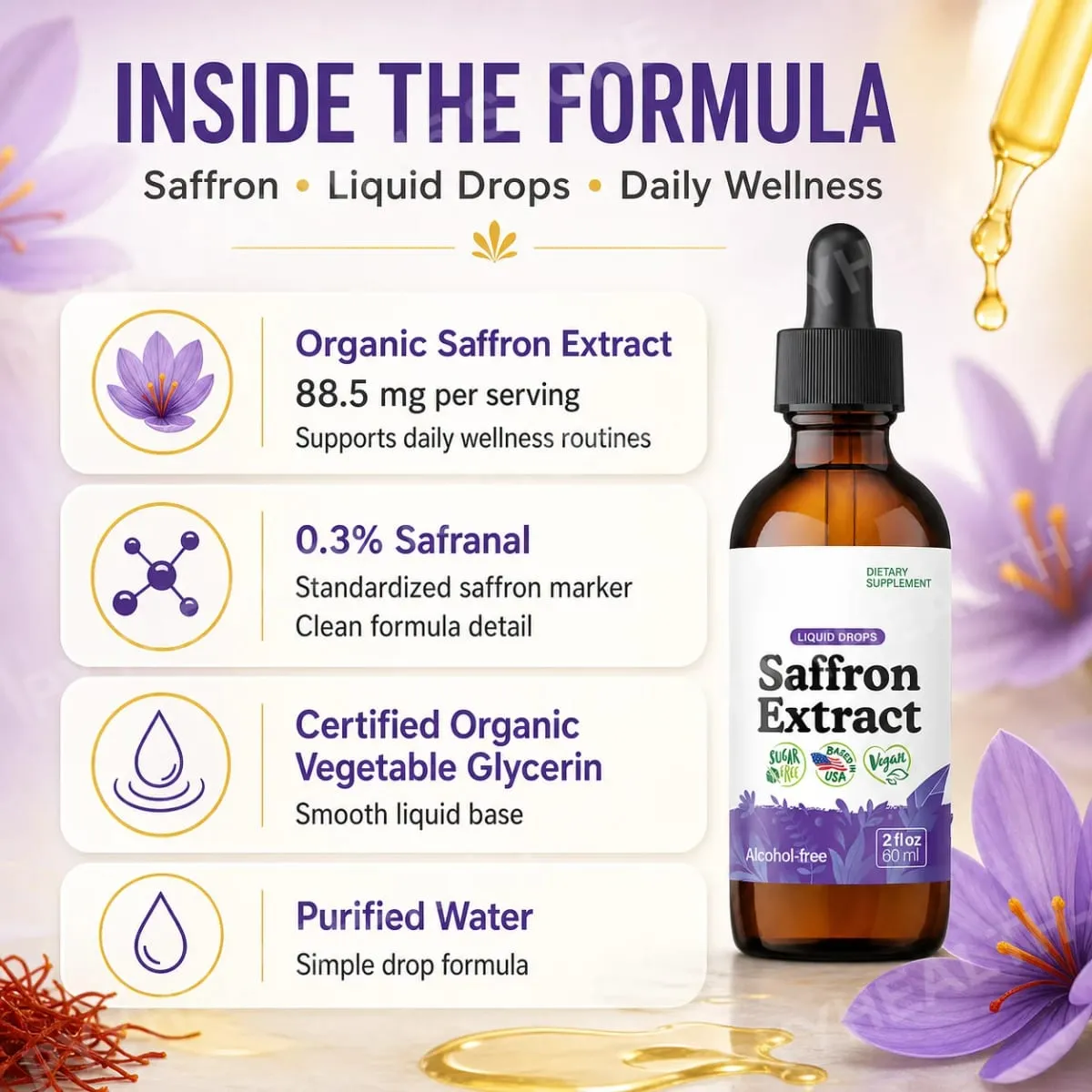 Saffron Supplements 88.5mg - Mood Focus & Eye Support Saffron Extract Liquid Drops Mix with Tea Vegan Alcohol-Free 2 Oz — image 4