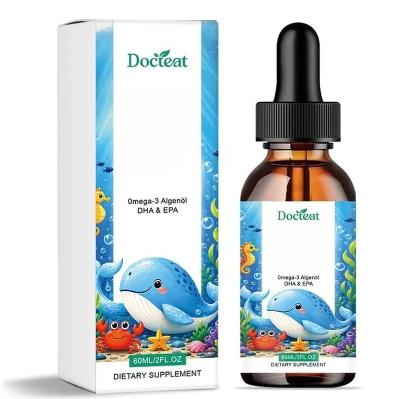 Docteat Plant Based Omega-3 Algae Oil DHA EPA Liquid Drops Kids Brain Health Vegan Non-GMO Daily Nutrition Orange 60 Servings