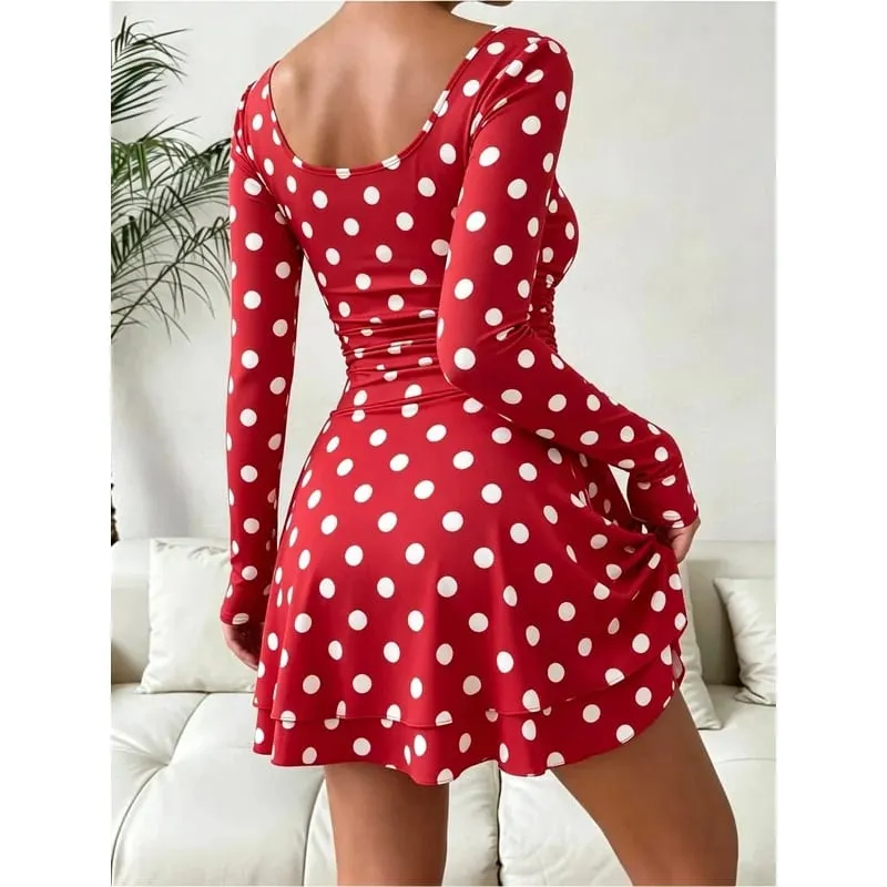 Women's Autumn Polka Dot Print Square Neck Long Sleeve Dress Waist Cinched A-Line Mini Skirt Sexy Fashionable Length — image 2