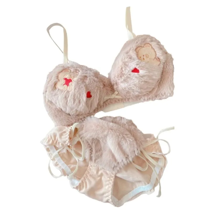 Conjunto de calcinha e sutiã de pelúcia peludo feminino, estampa de panda de desenhos animados, lingerie de inverno, menina escolar, anime japonês, roupa íntima cosplay — image 14