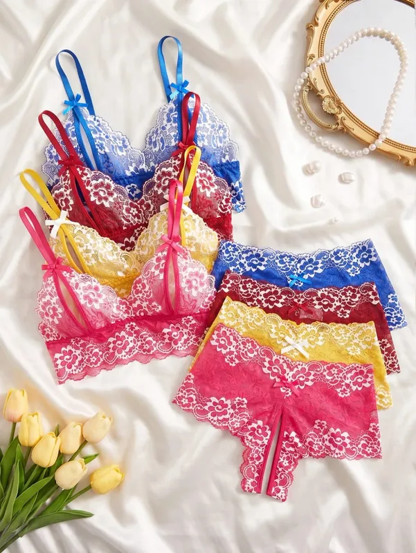 4 Pack Women's Floral Lace Lingerie Set Sexy Bra and Panty Set Wirefree Bralette Underwear Bow Spaghetti Strap Sleepwear 2026
