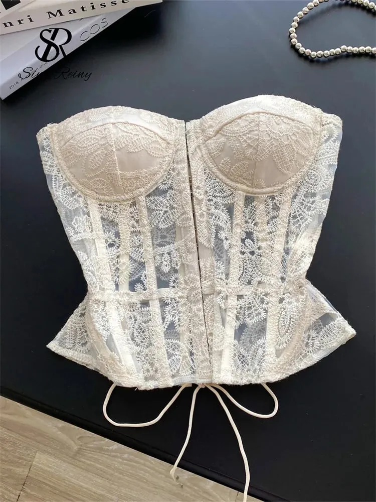 Floral Embroidery Sexy Club Top Female Strapless Slim Corset Backless Tank Top French Lace Up Basics Sheer Camisole