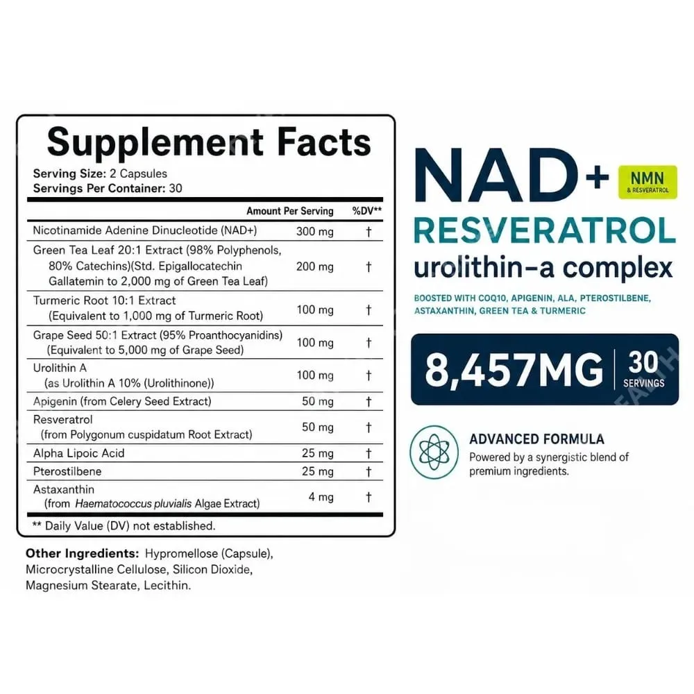 NAD+ Capsules Liposomal Supplement for Adults Supports Energy Cellular Health with Urolithin A Resveratrol & Green Tea 60 Counts — image 6