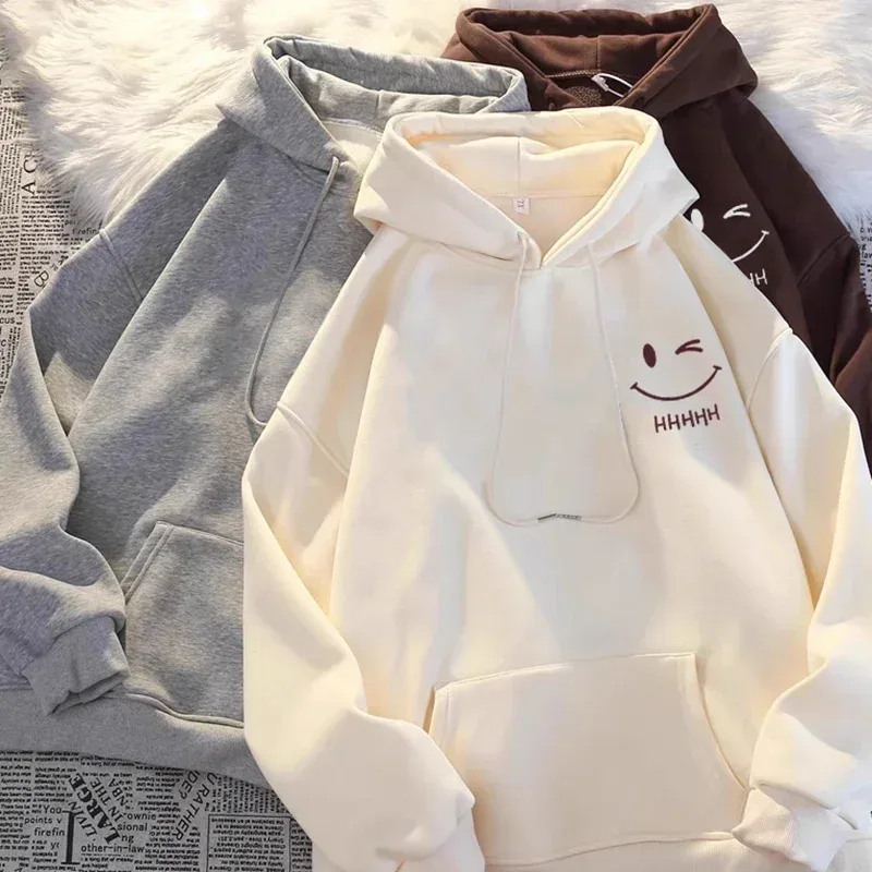 Rosto sorridente masculino engraçado moda casal suéter com capuz americano pesado solto engrossado cashmere meninos moletom com capuz topo — image 4