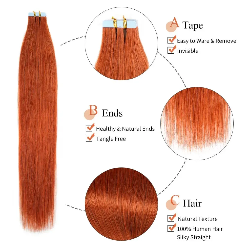 Veravicky cobre vermelho 50g fita em extensões de cabelo humano trama da pele adesivo invisível machina remy sem costura 100% cabelo real — image 5