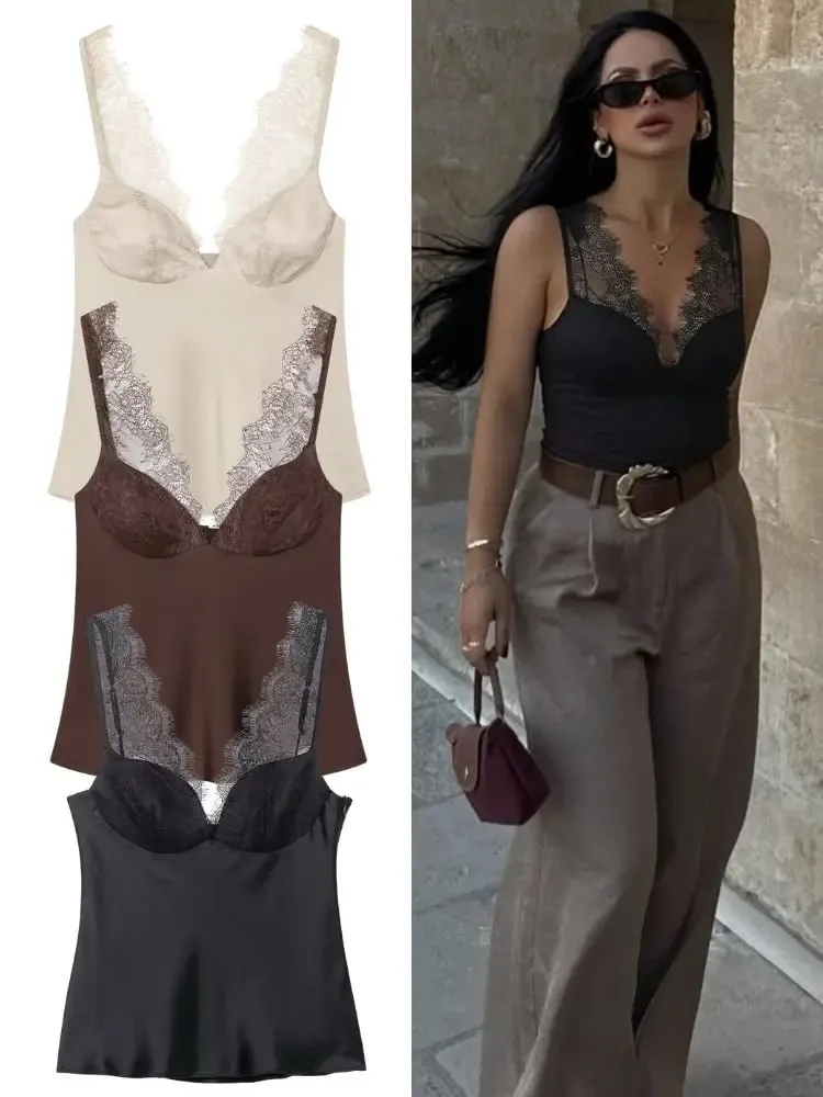 HH Elegant Women Lace Splice Sexy Satin Sling Tops 2026 Spring Summer Fashion Female V-Neck Backless Slimming Underwear Vest — image 2