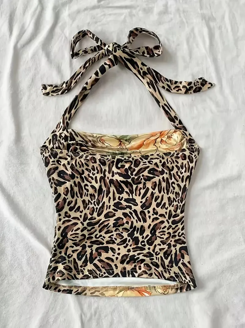 Cropped Top Women's Summer Vacation Women's Half Neck Leopard Print Colorful Flower Top — image 2