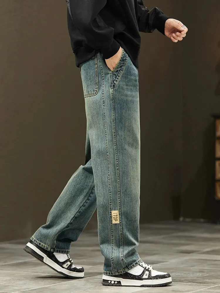 Korean Loose Wide Legs Jeans Men's Vintage Wash Denim Pants Fashion Streetwear Casual Baggy Straight Male Trousers — image 5