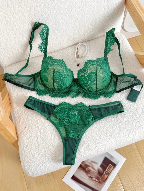 Sexy vintage verde cílios renda lingerie conjunto senhoras pura malha underwire sutiã tanga roupa de noite 2 peças s‑xl