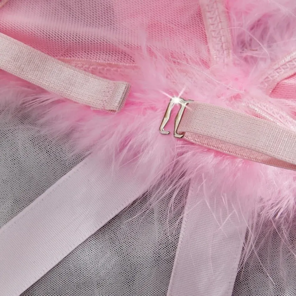 Furry Women's Underwear Mesh Transparent Bow Decor Lingerie Set Romantic Intimate Wireless Bra Panties Suit Anniversary — image 4