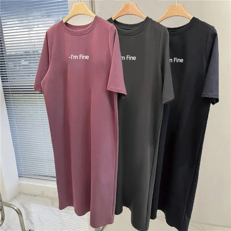 Women Korean Loose T-shirt Dress Summer Letter Print Split Midi Dress O Neck Short Sleeve Casual Lazy Long Dress — image 5
