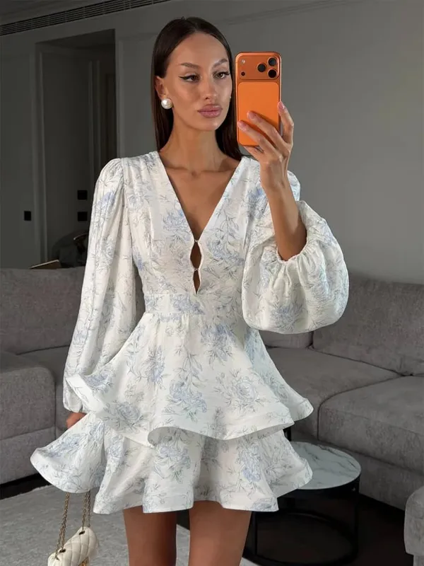Women Pink Floral Print Chiffon Mini Dress Puff Sleeve Backless Cut Out Waist Tiered Ruffle Hem Dresses 2026 Casual Party Gown — image 8