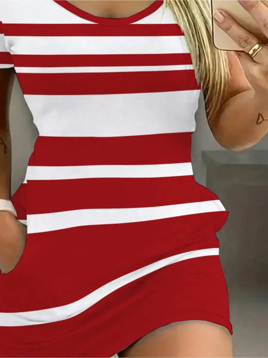 Elegant Casual round Neck Solid Color Striped Color Block Pocket Short Sleeve Mini Skirt Long Dress Comfortable — image 4