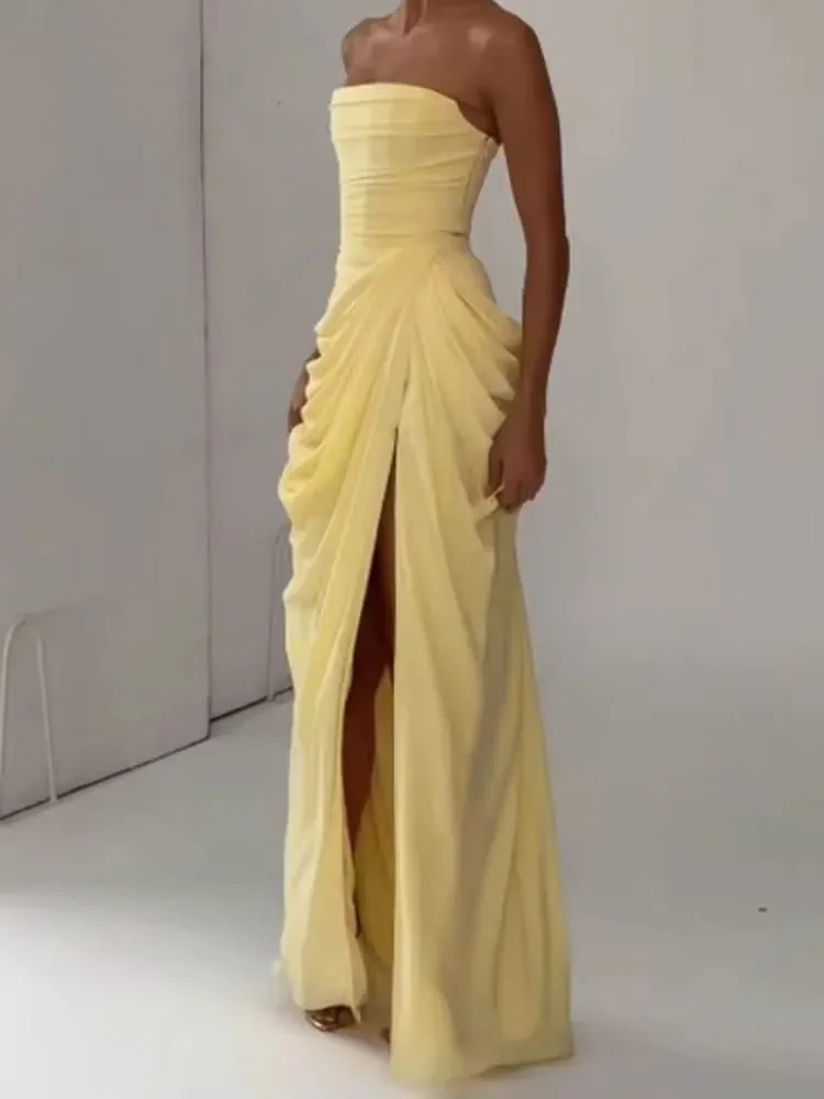 Lady Sexy Strapless Split Solid Pleated Dress Women Chic Backless High Waist Off-shoulder Dresses 2026 Bagong Evening Party Gowns — image 2