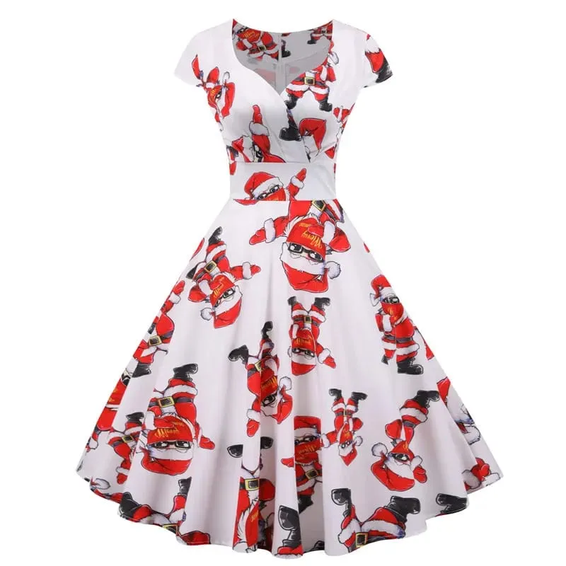 Moda decote em V manga curta estampado vestido de Natal grande balanço vintage elegante vestido de festa de Natal — image 8