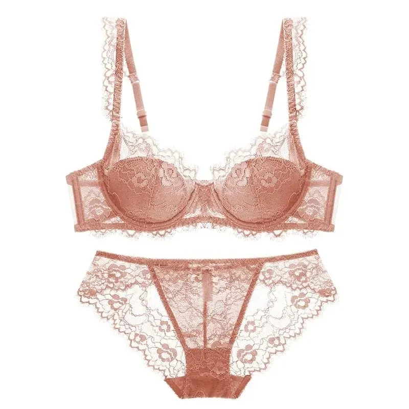Lightly Lined Eyelash Lace Thin Cup Bra and Panties Set Underwear with Push Up Soft Comfortable Breathable Sexy Female Lingerie — image 4