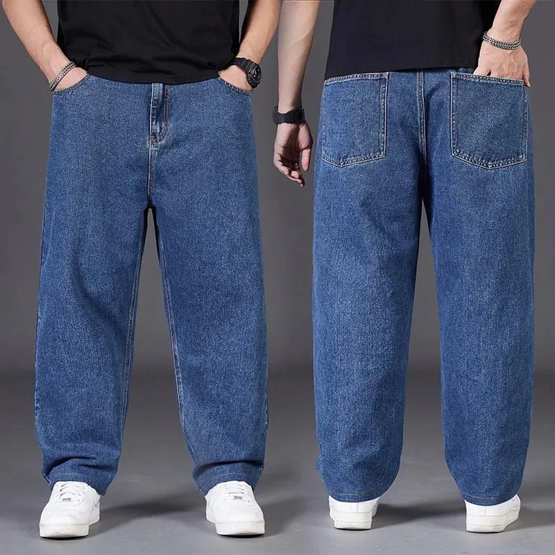 Plus Size Jeans Men High Elastic Waist Baggy Denim Pant Male Plus Large Loose Fit Cowboy Trouser Classic Black Blue Grey Clothes