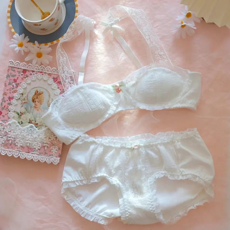Roupa interior vintage princesa renda branca lingerie algodão underwired sutiã e calcinha conjunto japonês seios pequenos sexy e bonito bralette — image 3