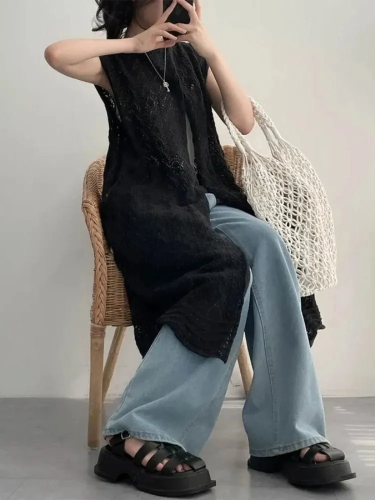 Zjaiss Women's 2026 Early Spring Japanese Retro Sweet Sweater Dresses Hollow Out Knit Irregular Long Sleeveless Vest Dress — image 4