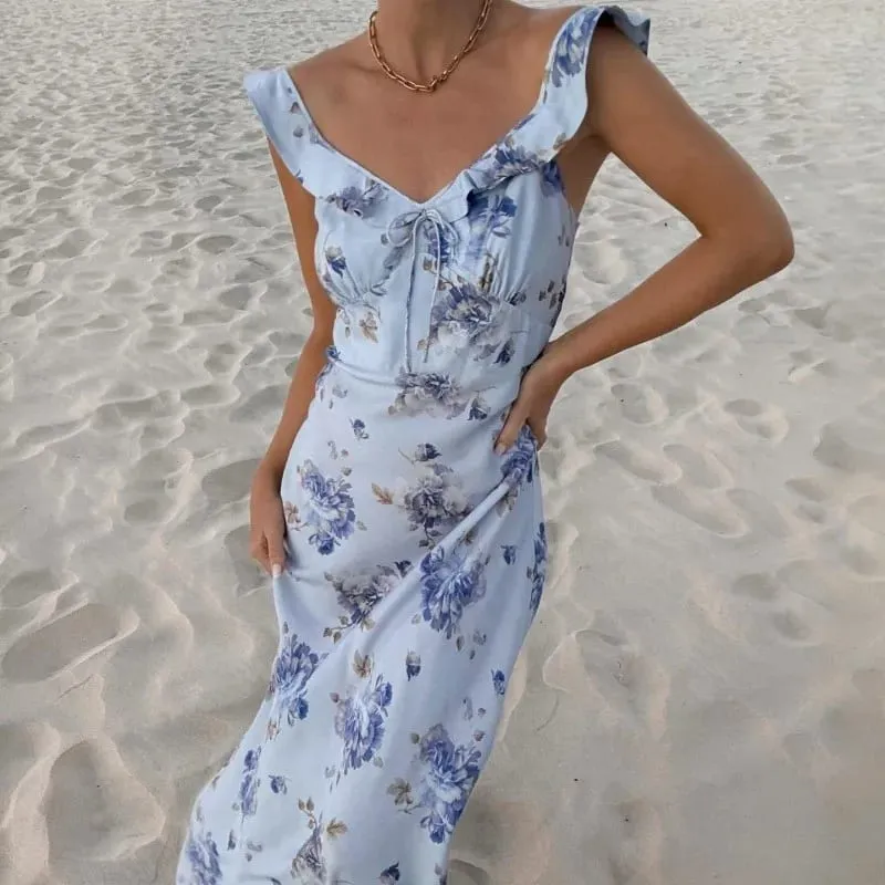 Summer Flower Printed Women's Sexy Low-cut Sleeveless Backless Slim Sling Ruffles Dresses 2026 Beach Vacation Lady Vestidos — image 9