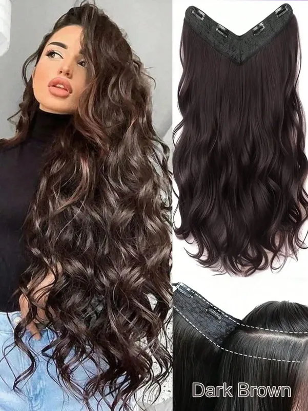 Synthetic Long Curly Wavy Clip in Hair Extension V-shaped Heat Resistant Black Hairpiece for Women