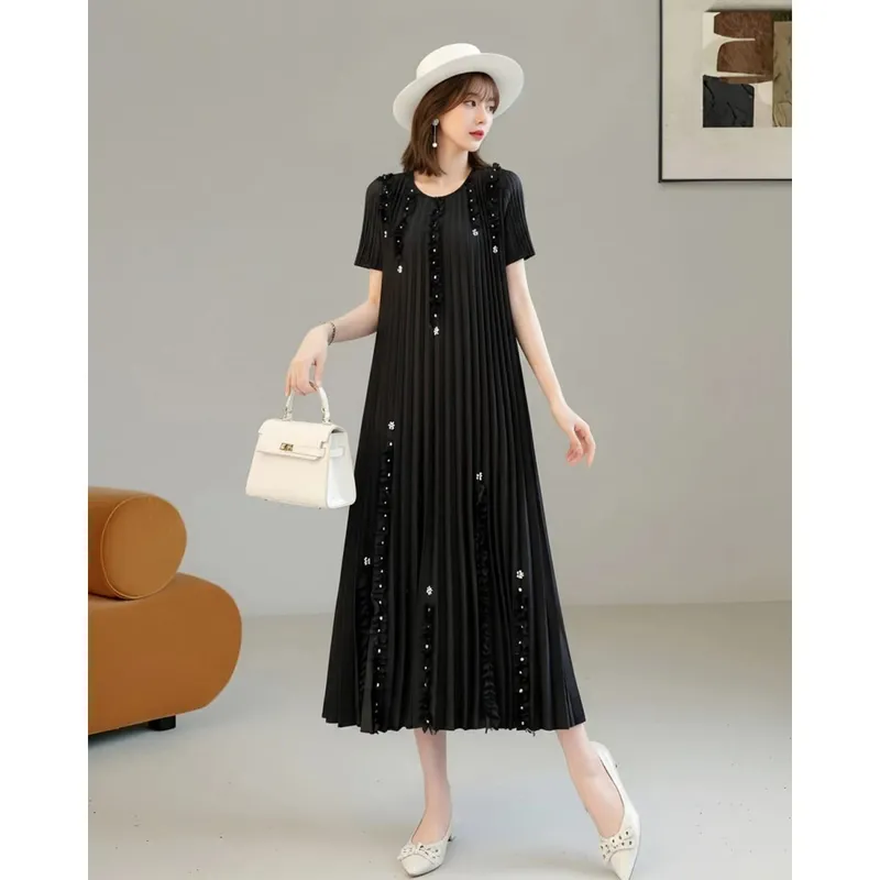 Miyake Pleated Elegant Dresses Women 2026 Summer New Vacation Solid Color Dress Loose Pleats Short Sleeve Plus Size Fold Dress — image 8