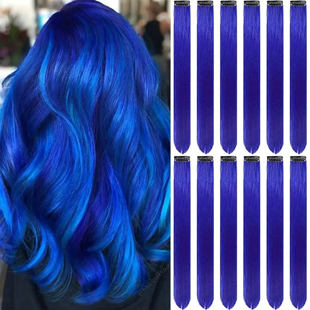 Clip in Hair Extensions Colored Party Highlights 22 inches 6pcs/pack Multi-colors Straight Hair Synthetic Hairpieces Royal Blue