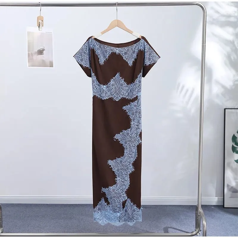 Elegant Lace Patchwork Long Women's Dress Urban Skew-collar Maikling Manggas Empire Pambabae Dresses 2026 Summer Vacation Lady Robe