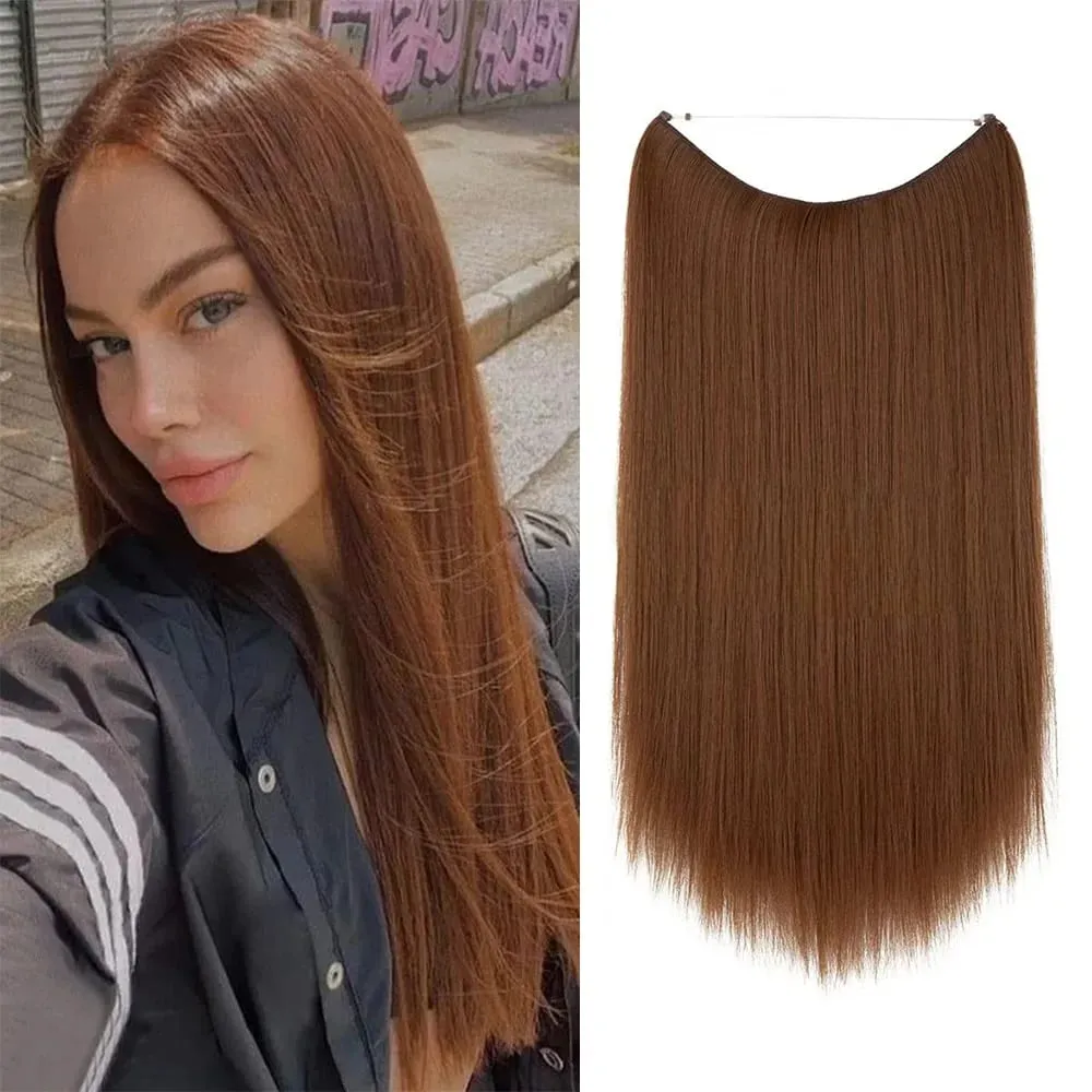 14"-22" 120g Synthetic Halo Hair Extensions With Clips 27-613 Blonde Auburn Brown High Temperature Fiber Thick False Hair Piece — image 2