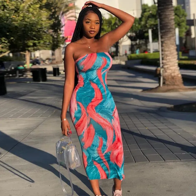 Vår/sommar kvinnors färgglada Tie Dye Print Off Shoulder Wrapped Chest Dress — image 7