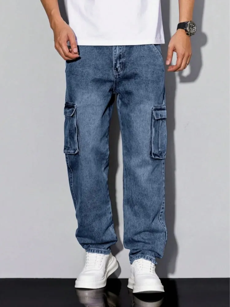 Men's Blue Cargo Jeans Spring New Multi-Pocket Loose Fit Denim Pants Streetwear Hip Hop Casual Versatile Daily Fashion Trousers — image 2
