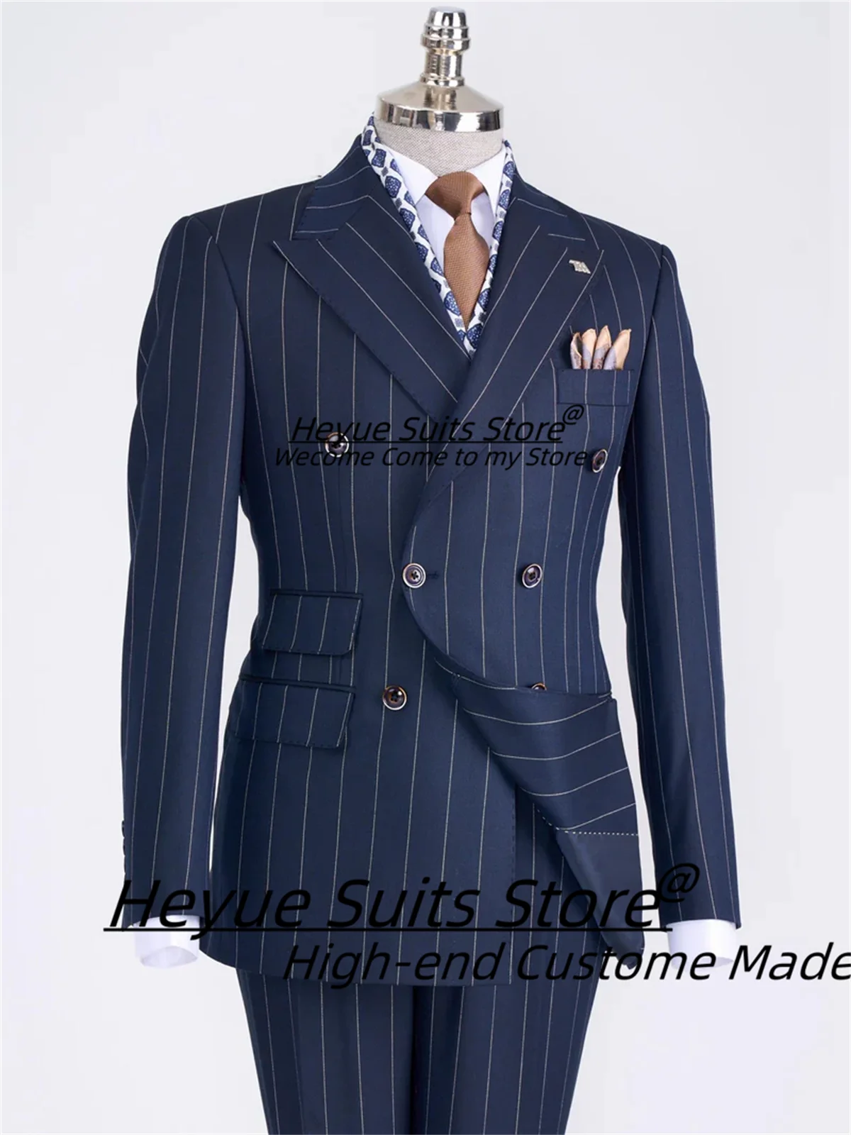 Handsome French style Stripe Men Suits Slim Fit Double Breasted Groom Tuxedos 2 Pieces Sets Classic Male Blazers Ropa Hombre