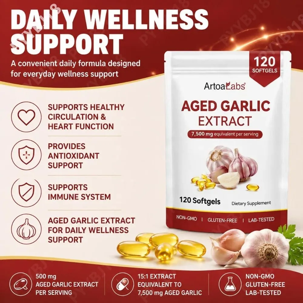 Aged Garlic Extract Softgels 7500mg Equivalent per Serving for Circulation & Heart Function Antioxidant & Immune Support 120Ct — image 2