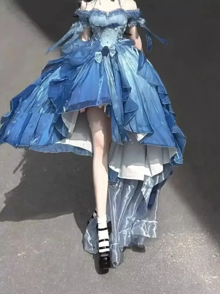 Dophee Original Lolita Trailing Puffy Dress Kvinnor Kort Fram Lång Baksida Prinsessan Blå Blomma Bröllopsklänning Elegant Off Shoulder — image 3