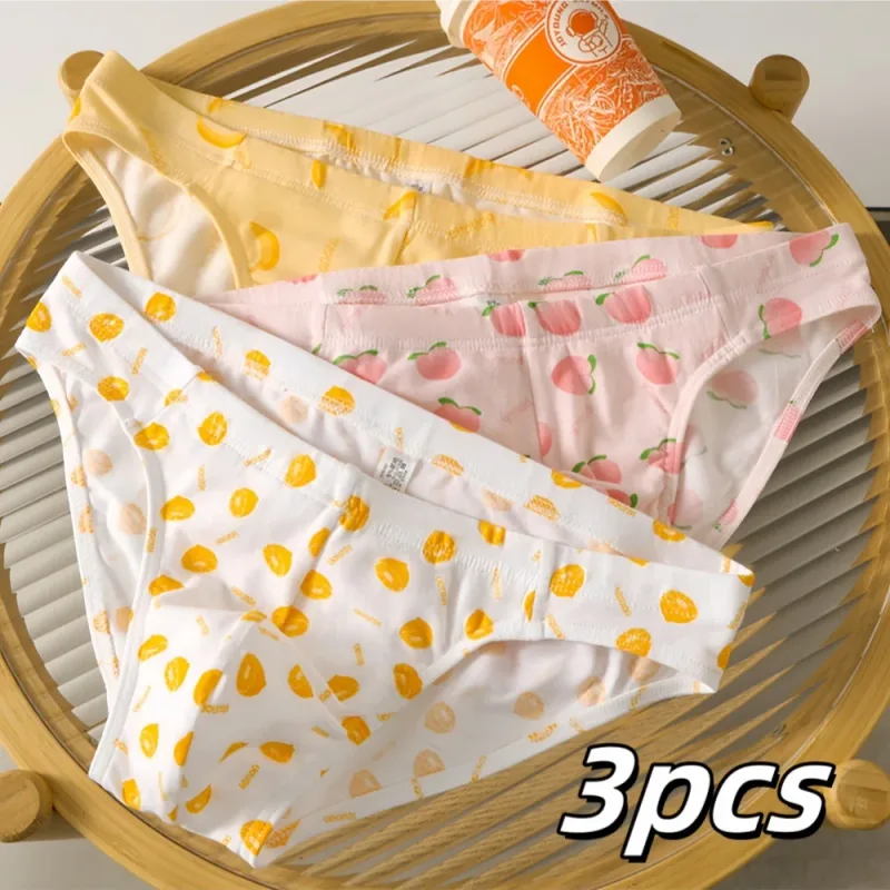 Pacote de três cuecas masculinas fofas e personalizadas de algodão com estampa de frutas, confortáveis e adequadas para a pele, roupas íntimas casuais respiráveis de cintura baixa para homens jovens — image 2