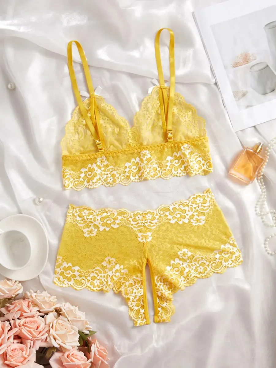 Sexy Lingerie Set Women Lace Bra at Panty See Through Floral Embroidery Bralette Transparent Erotic Underwear Bow Nightwear — image 3