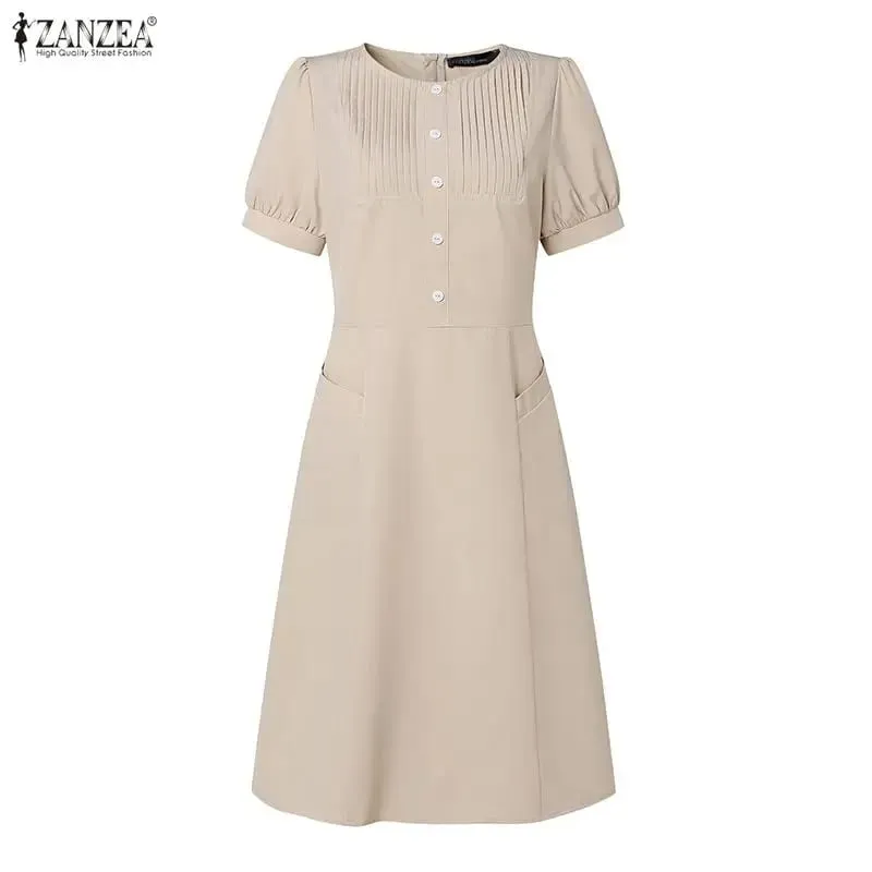 Summer Pleated Women Dress Fashion ZANZEA Solid Vestidos Short Sleeve Sundress OL Work Streetwear Party Knee Length Dresses — image 4