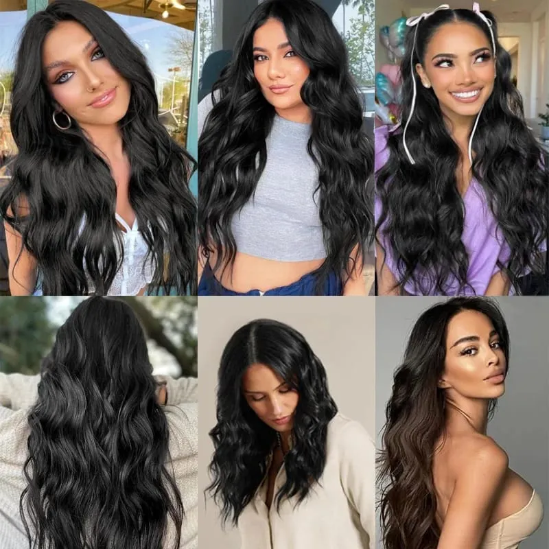 Clip in Hair Extensions 4PCS Synthetic Black Thick Hair Piece 24 Inches Long Wavy Clip in Extensions — image 6