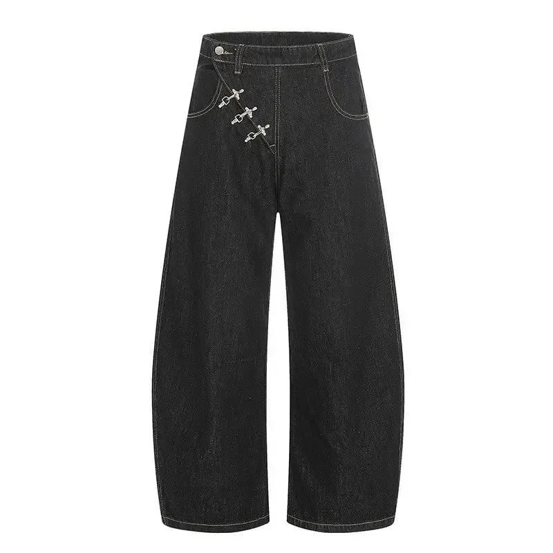 High Retro Hip Hop Wide Leg Raw Denim Jeans Women Airplane Buckle Design Curved Hem Floor Length Jeans Streetwear Daily Clothes — image 6