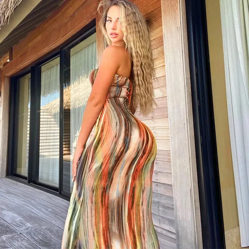 Vår/sommar kvinnors färgglada Tie Dye Print Off Shoulder Wrapped Chest Dress — image 8
