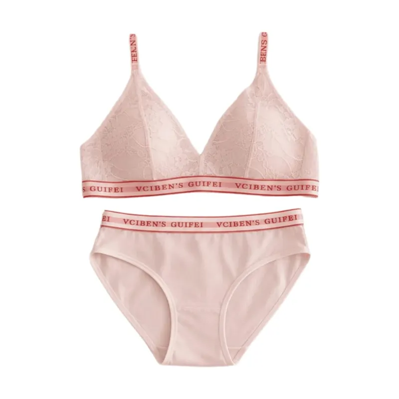Fashion Letter Design Lingerie Set Deep V Wireless Women Underwear Suit Lace Color Blocking Bra Panties Set Gift