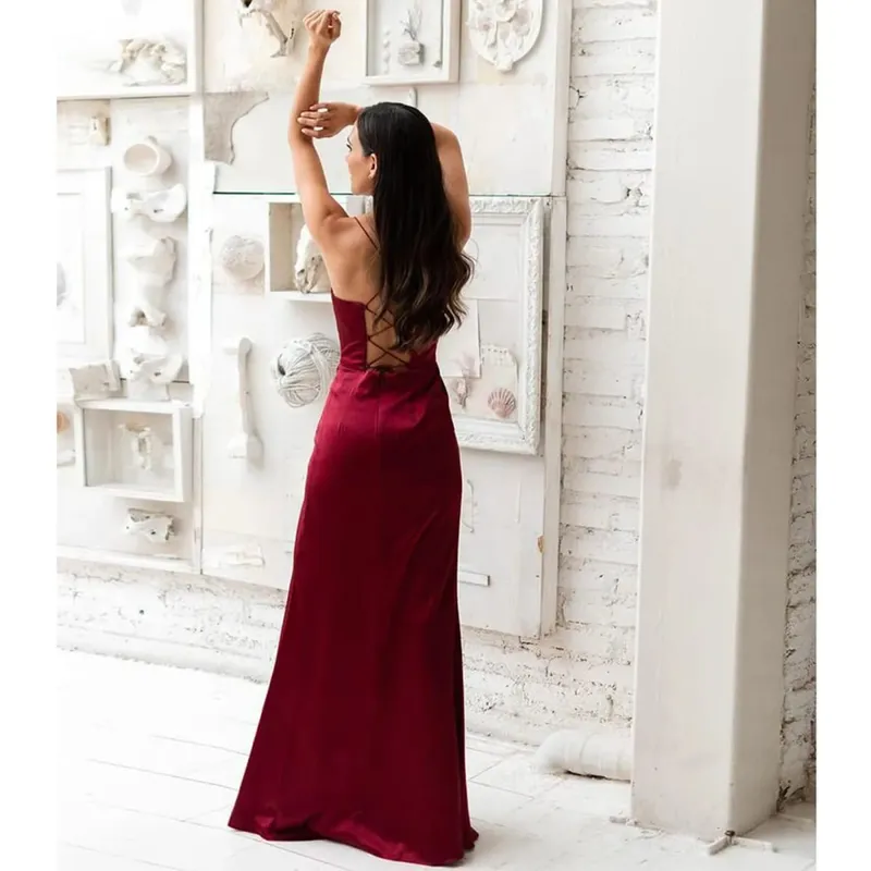 Ny sommarbalklänning damsele ärmlös enfärgad klänning One Word Neck Slim Fit Öppen rygg Slits Röd Sexig klänning — image 3