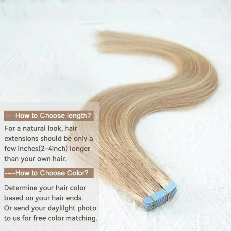 Tape in Hair Extensions Human Hair Blonde Seamless Tape Hair Extensions 4x0.8cm Skin Weft PU Tape On Hair 20PCS 12"-20"