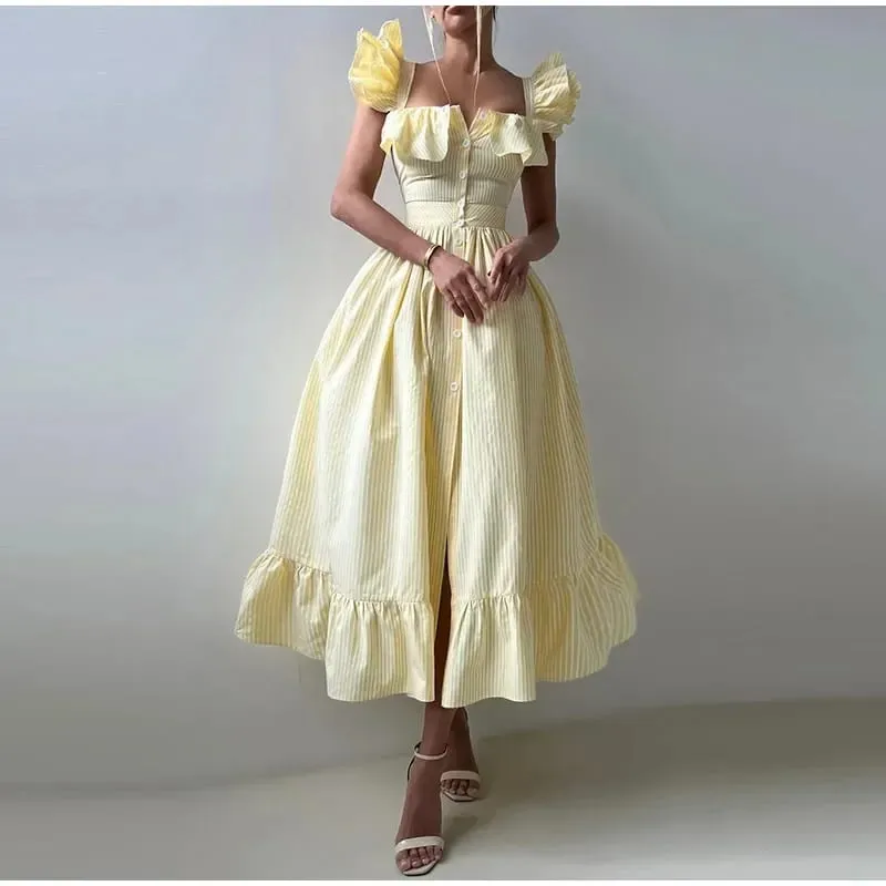 Mangas voadoras listradas vestidos longos mulher elegante único breasted a linha roupões feminino chique cintura alta verão senhora roupões férias — image 2