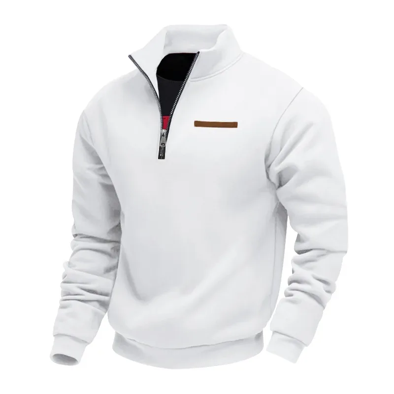 Moletom masculino com zíper com gola alta, pulôver casual de lã quente com listras decorativas no peito — image 6