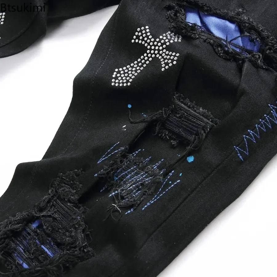 2026 New Men's Fashion Crystal Cross Stretch Denim Jeans Holes Ripped Distressed Black Pants Embroidery Slim Tapered Trousers — image 7